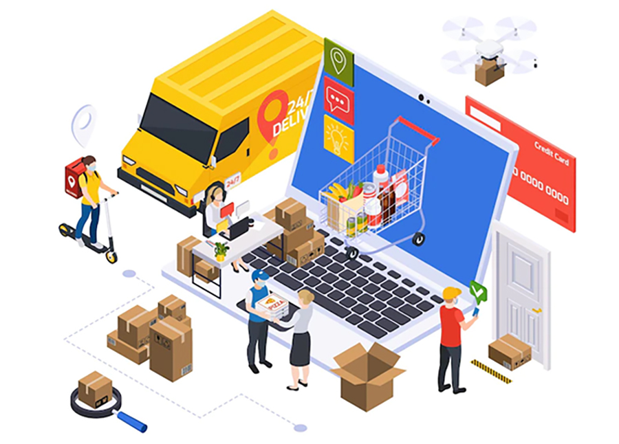 Delivery-service-isometric-composition-with-laptop-surrounded-by-parcel-boxes-shipping-company-employees-cargo-vehicles-vector-illustration