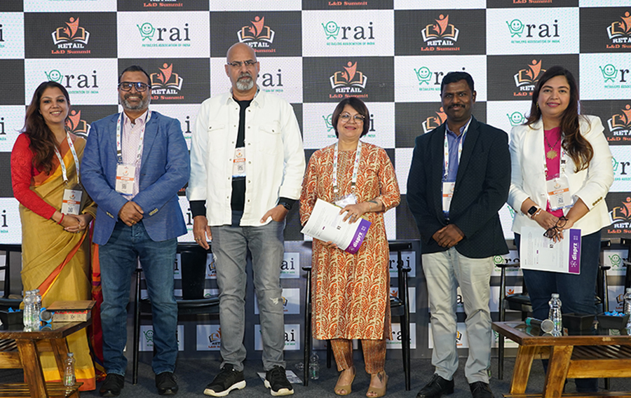 Left to Right: Vibhavari Bali, Associate Director - People, Disprz; Nirav Jagad, Chief People Officer, SUGAR Cosmetics; Dr. Sanjeev Kumar Chauhan, Director-HR, Pepe Jeans India Ltd; Nandini Mehta, CHRO, Metro Brands Ltd;Jeeva Balakrishnan, Chief Talent Officer, Reliance Retail Ltd; Gauri Dalal, Associate Vice President - Learning & Development, Nykaa