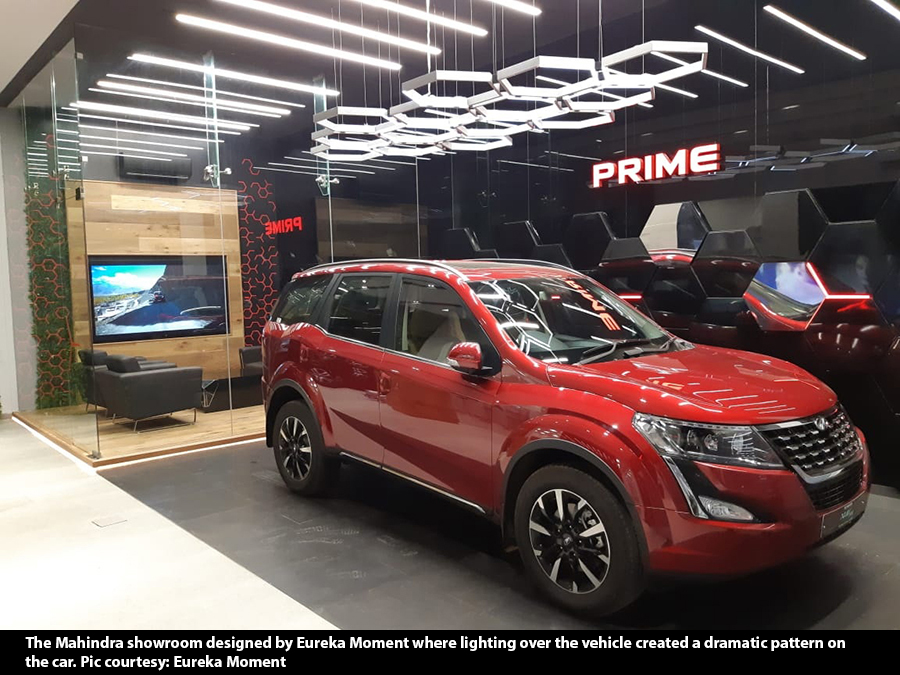 The Mahindra showroom designed by Eureka moment where lighting over vehicle created a dramatic pattern on the Car