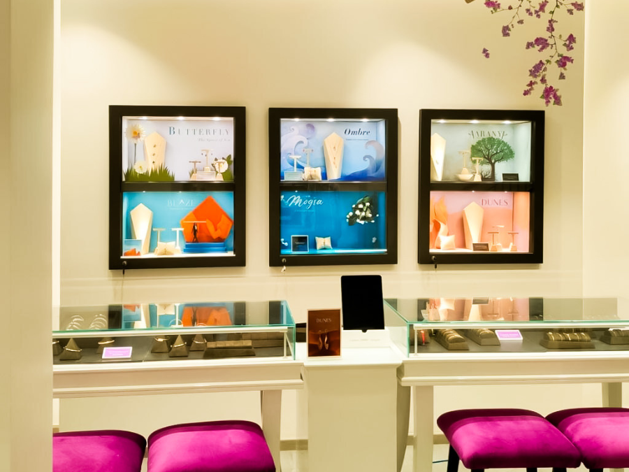 Jewellery display with attractive frames on wall