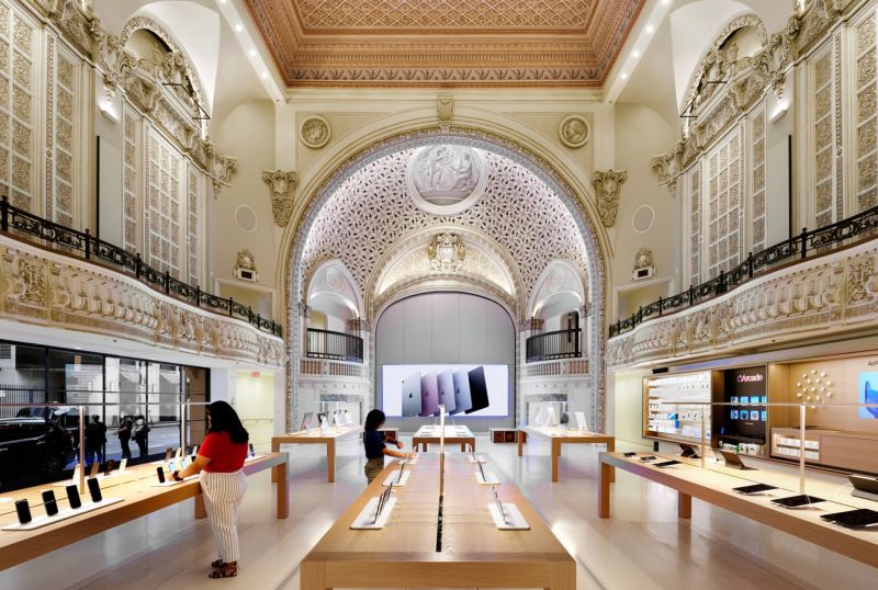 Apple has recently been reusing historic buildings to house new stores. Aside from an obvious design and conceptual juxtaposition, the ornate detail and grandeur of buildings, such as the Los Angeles State Theatre, are highly emotive places. 
