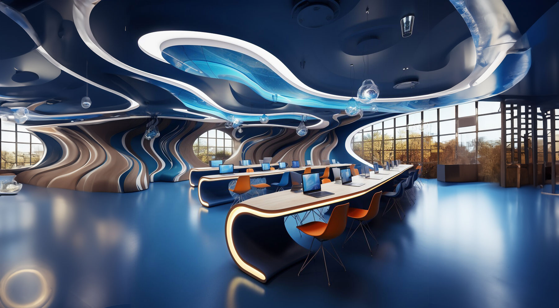 Futuristic view of school classroom with state-of-the-art architecture