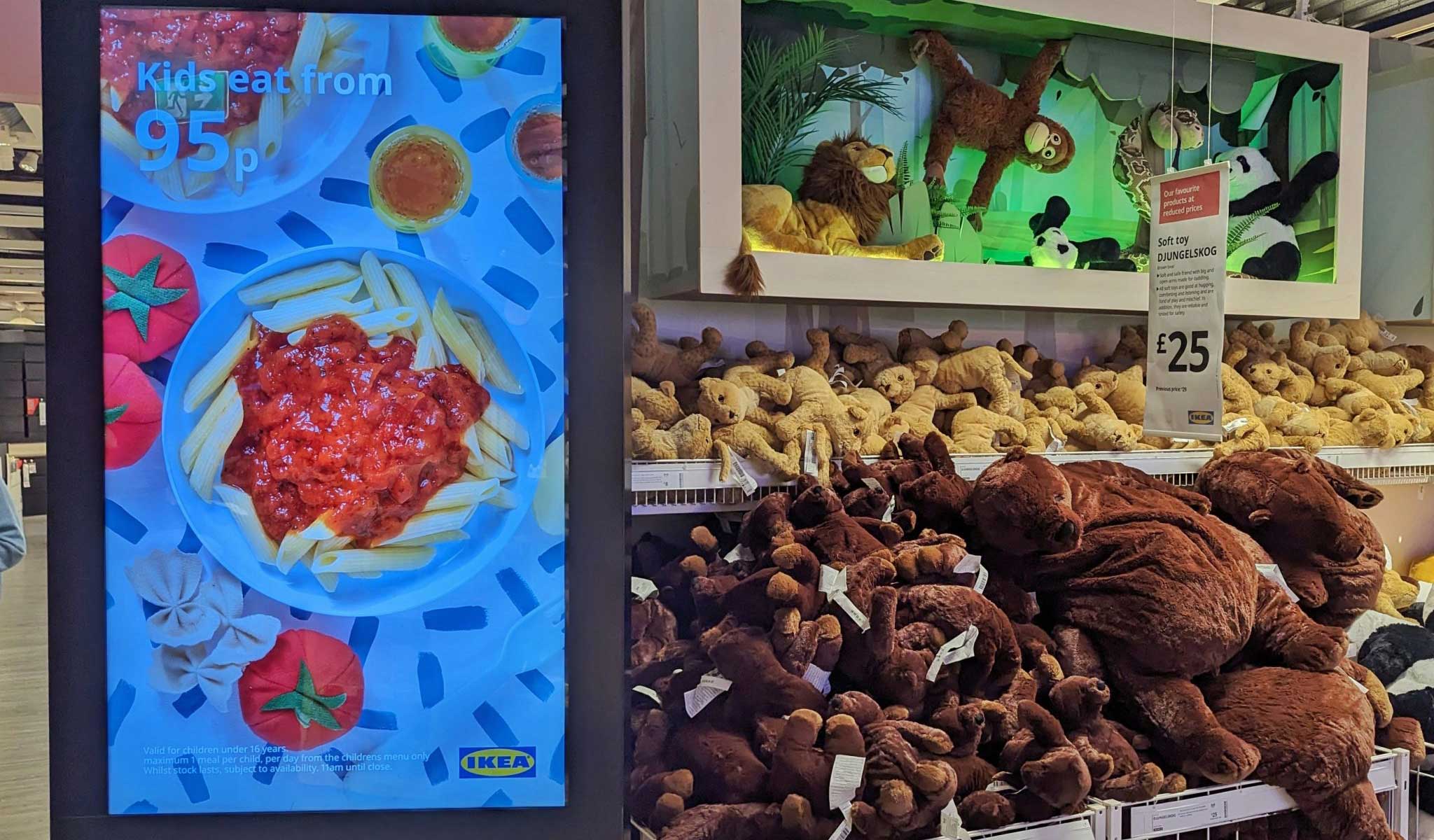 Kids meals in the restaurant are promoted on screen in the toy area