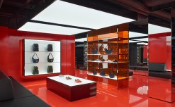 Cherry Blossom red, clean lines & sharp angles mark Onitsuka Tiger’s new store in London
