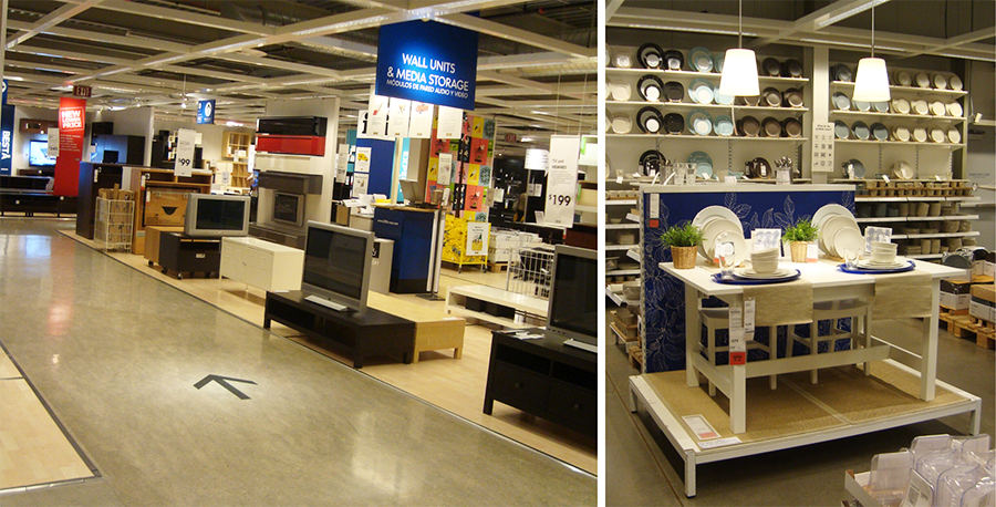 IKEA presents a ‘forced’ one-way circulation in its Showroom area, that informs and advises shoppers to browse and select what to buy, leading to the Marketplace which enables quick ‘grab-and-go’ shopping  