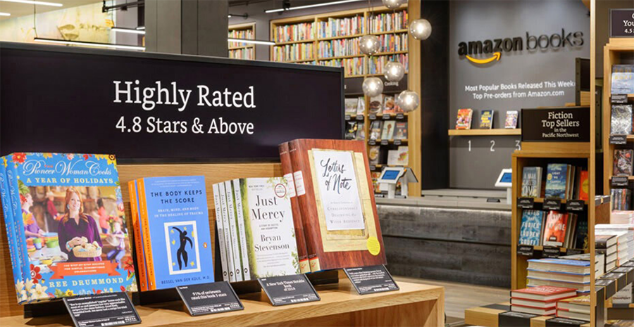 Amazon Books features a focal point that endorses its bestselling books based on ratings from readers who own them and quickly influencing browsers to seriously consider buying them instore.